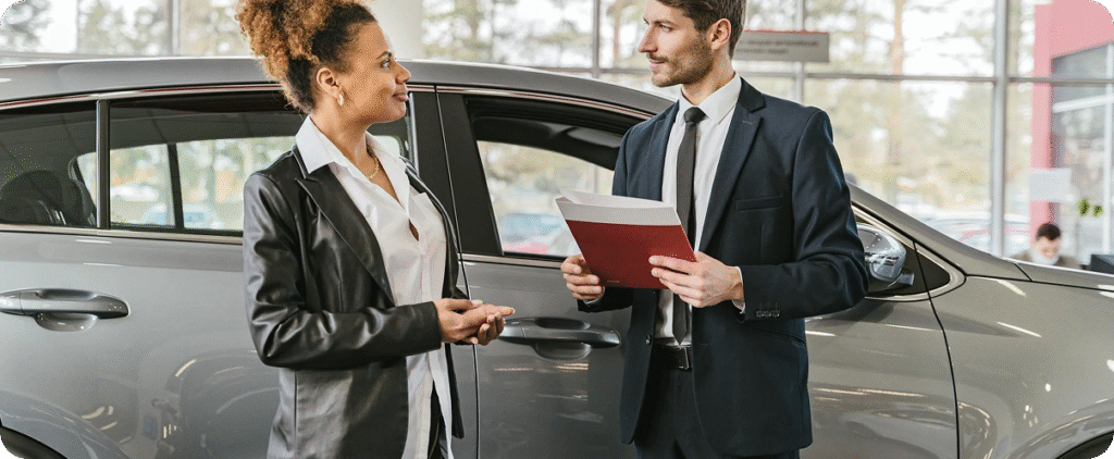 Woman in a leather jacket discussing vehicle financing with a man in a suit, showcasing a grey car in a dealership setting.