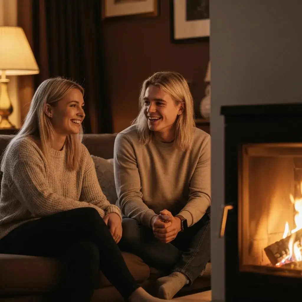Couple sitting on a couch, smiling and engaging in conversation by a warm fireplace, cozy home setting.