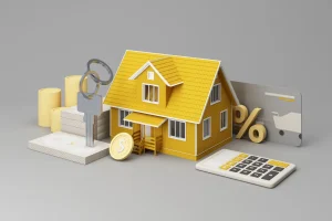 Model house with keys, calculator, percentage symbol, and financial elements representing mortgage brokerage services and financing solutions for construction and commercial businesses.