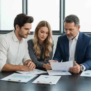 Three individuals discussing financial documents at a table, with charts and papers related to home loans and mortgage options, in a professional setting.