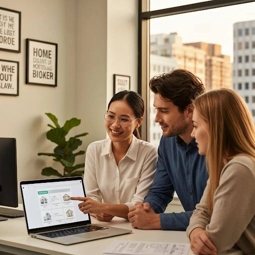 Three individuals discussing mortgage options while reviewing a laptop screen displaying home loan information, in a modern office setting.