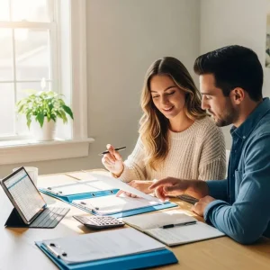 Couple discussing refinancing options at a table with financial documents, calculator, and tablet, illustrating the mortgage brokerage process.