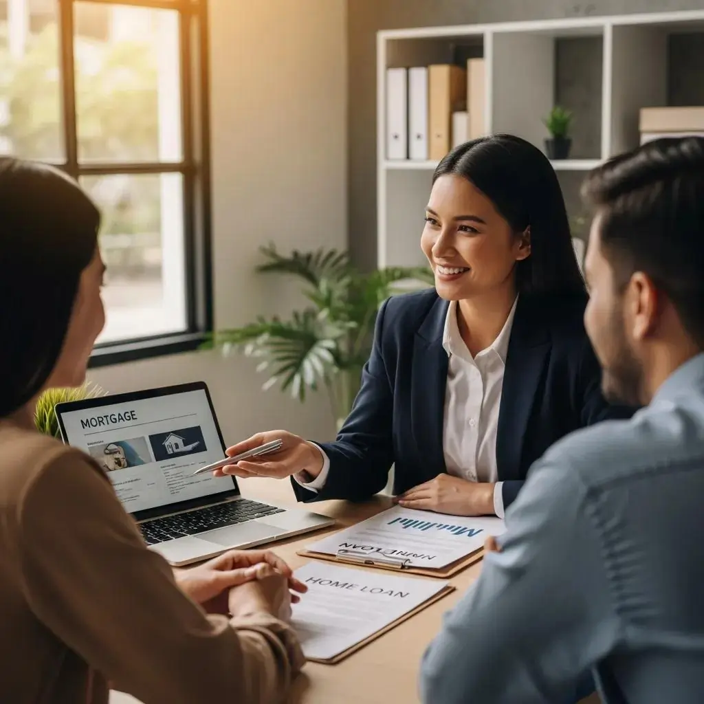 Mortgage broker consulting clients at a table, discussing home loan options, with a laptop displaying mortgage information and printed documents on the table.