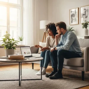 Couple reviewing mortgage refinancing options on a laptop in a modern living room, highlighting financial planning and decision-making.
