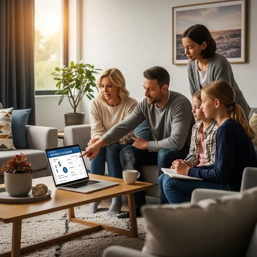 Family discussing refinancing options using a mortgage calculator on a laptop in a cozy living room setting.