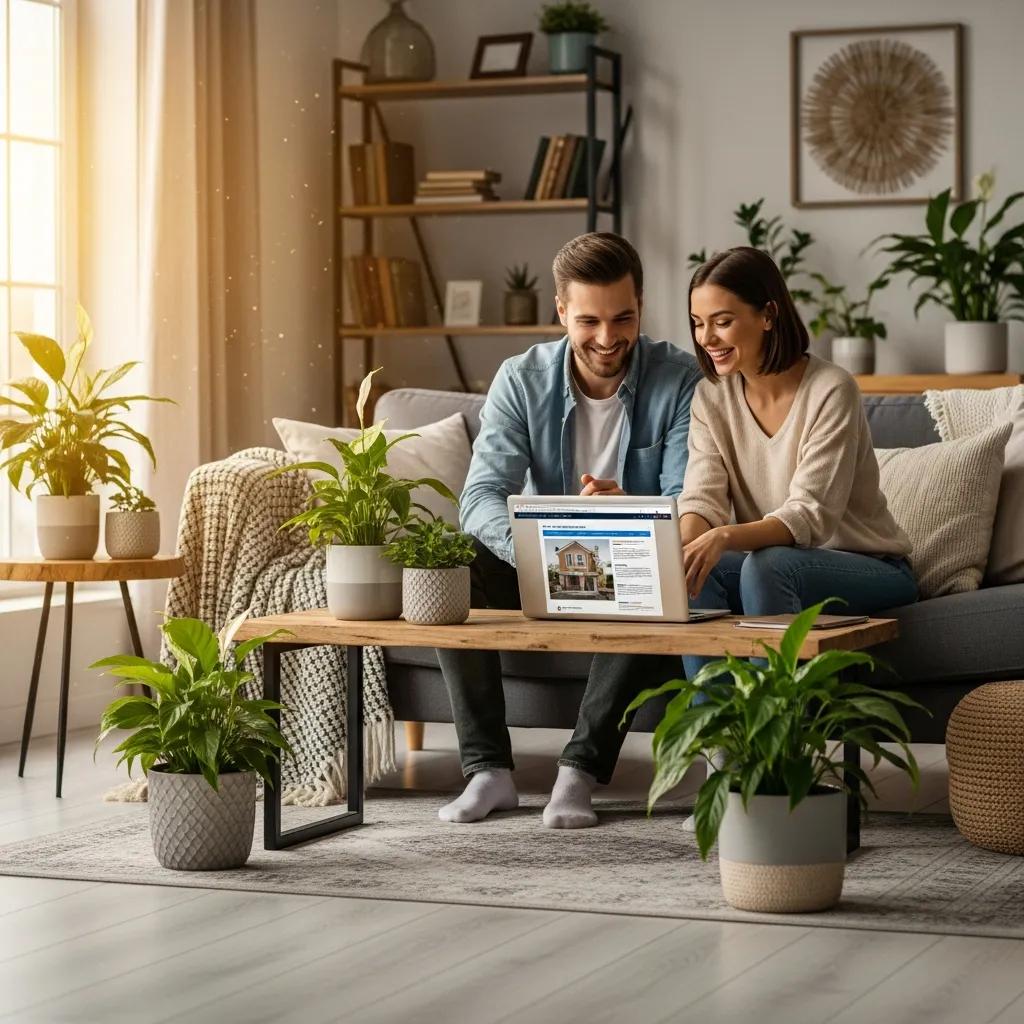 Couple reviewing home loan options on a laptop in a cozy living room with indoor plants, illustrating the process of first home buying in Sydney.