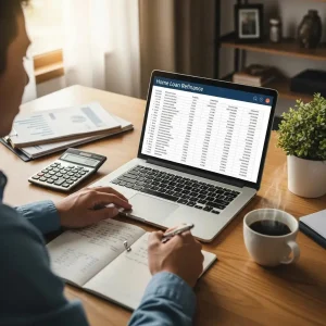 Person reviewing home loan refinance options on a laptop, with calculator, notebook, and coffee cup on a desk, illustrating the process of comparing mortgage rates in Sydney.