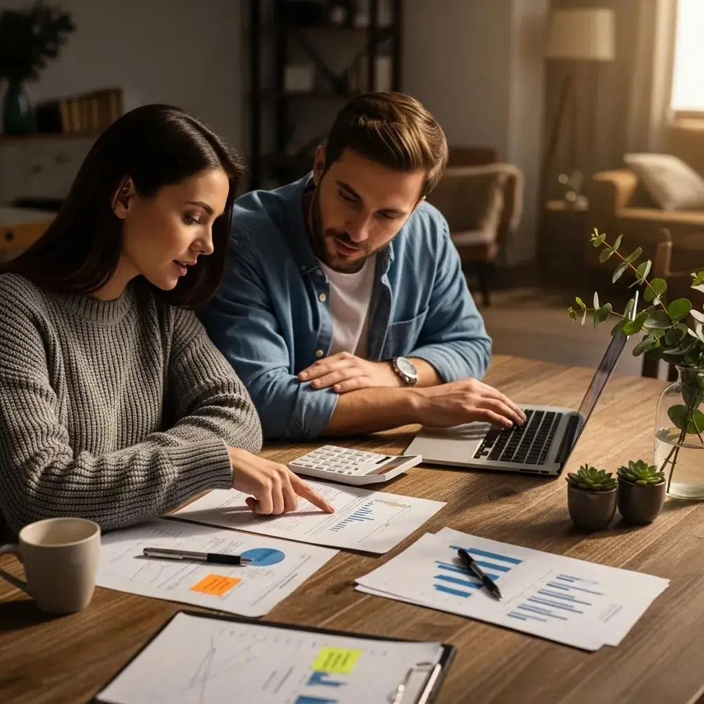 Couple discussing home loan refinancing options with financial documents and calculator on a wooden table, illustrating the process of comparing rates and maximizing savings.