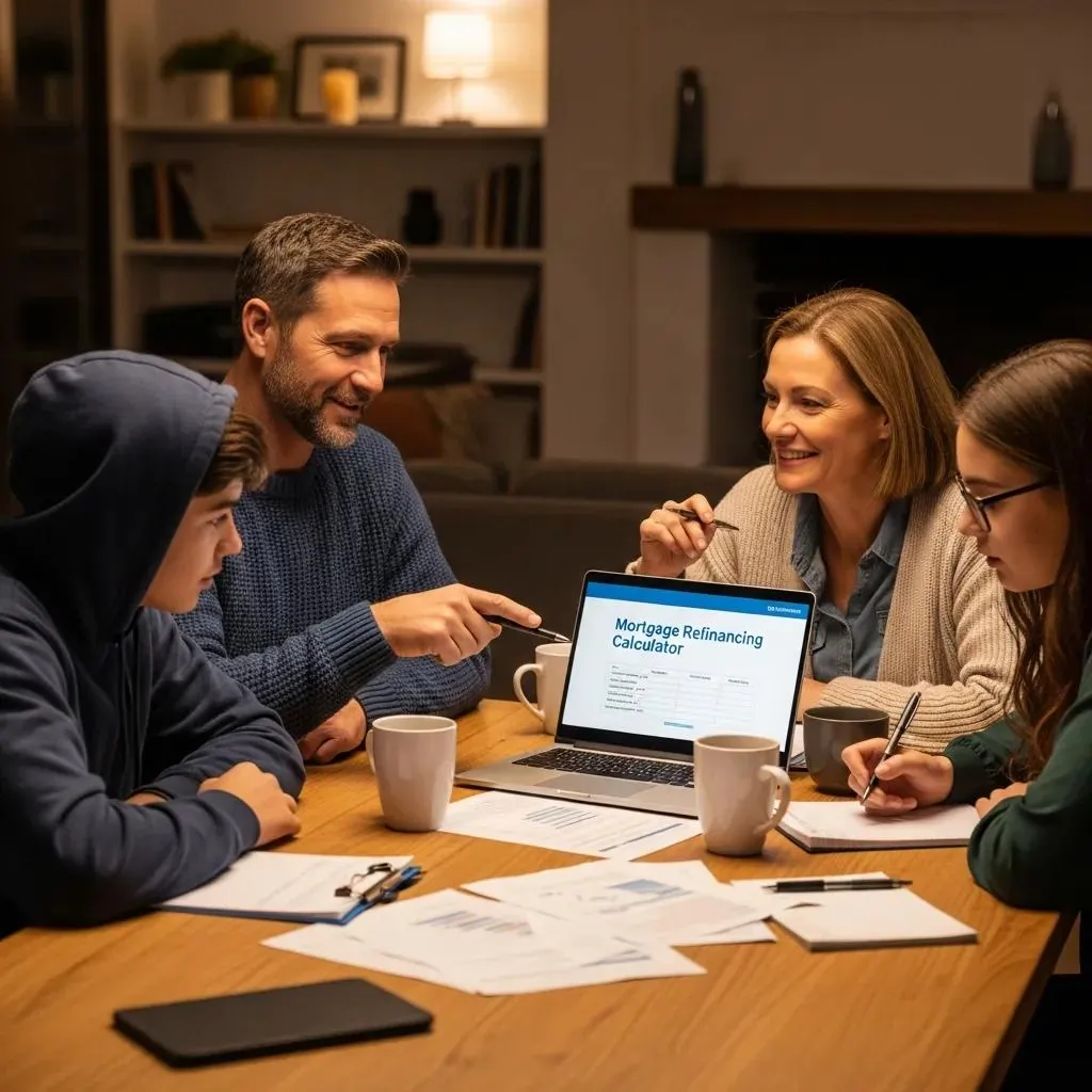 Family discussing mortgage refinancing options at a table with a laptop displaying a mortgage refinancing calculator, surrounded by paperwork and coffee cups.