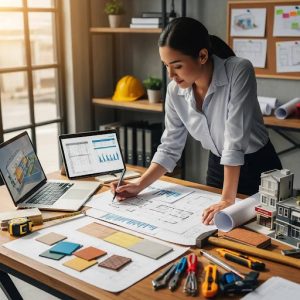 Woman drafting plans on a desk with architectural blueprints, colour samples, and tools, symbolising the commercial mortgage refinancing process and property improvements.